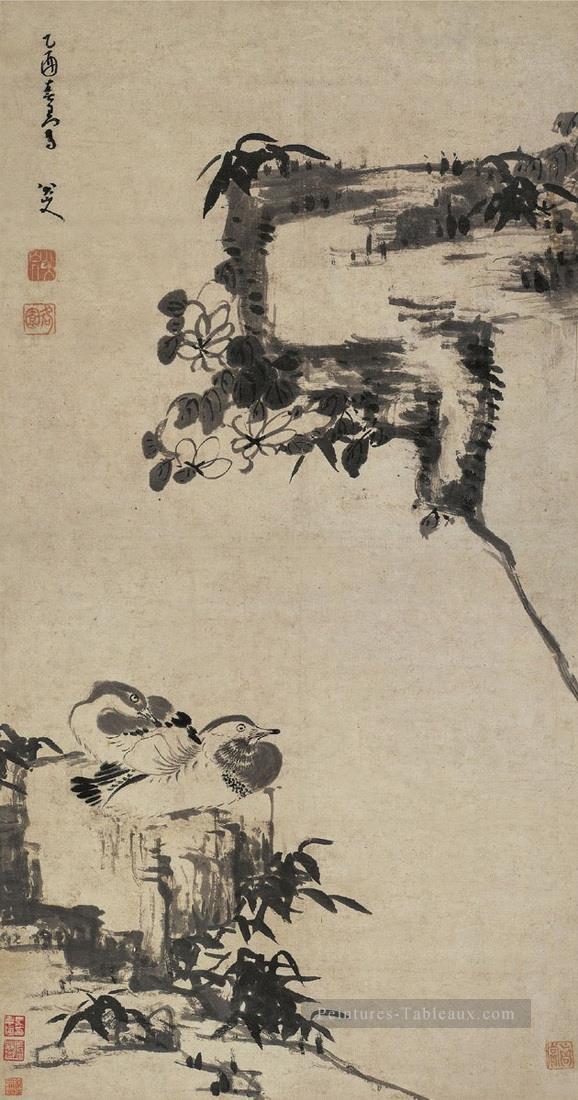 la roche de bambou et les canards mandarin vieille encre de Chine Peintures à l'huile